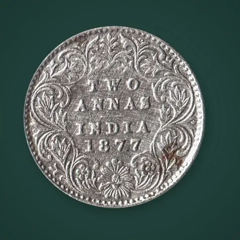 Rare 2 Annas 1877 Queen Victoria Empress Silver British India Coin # A839