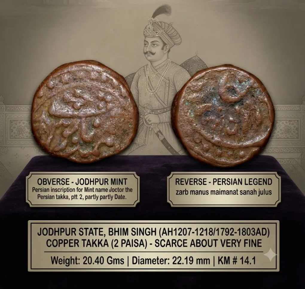 Copper Takka(2 Paisa) of Bhim Singh(AD 1792-1803) of Jodhpur State KM 14.1 Scarce
