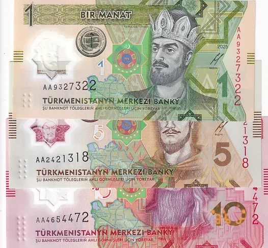 Turkmenistan 1 5 10 Manat 2025 Polymer Note Set UNC
