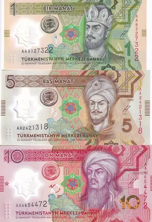 Turkmenistan 1 5 10 Manat 2025 Polymer Note Set UNC