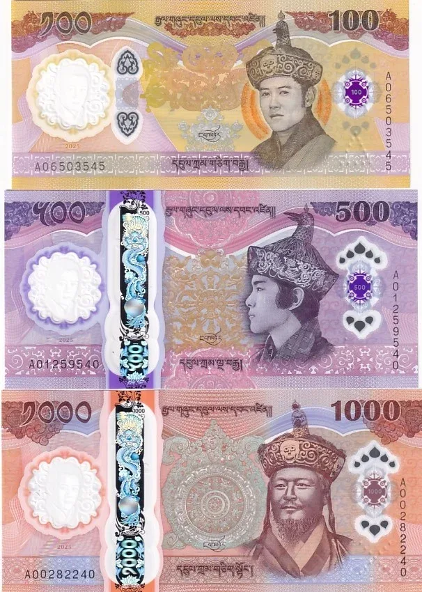 Bhutan 100 500 1000 Ngultrum 2025 UNC Polymer 3 Note Set