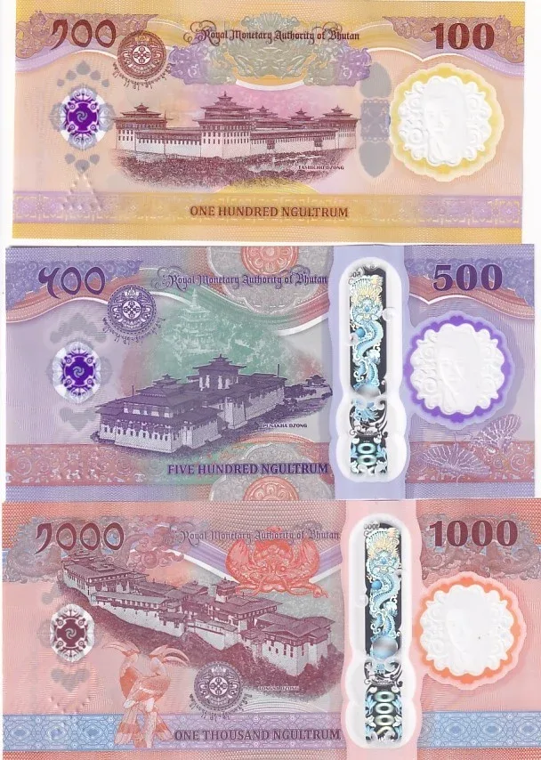 Bhutan 100 500 1000 Ngultrum 2025 UNC Polymer 3 Note Set