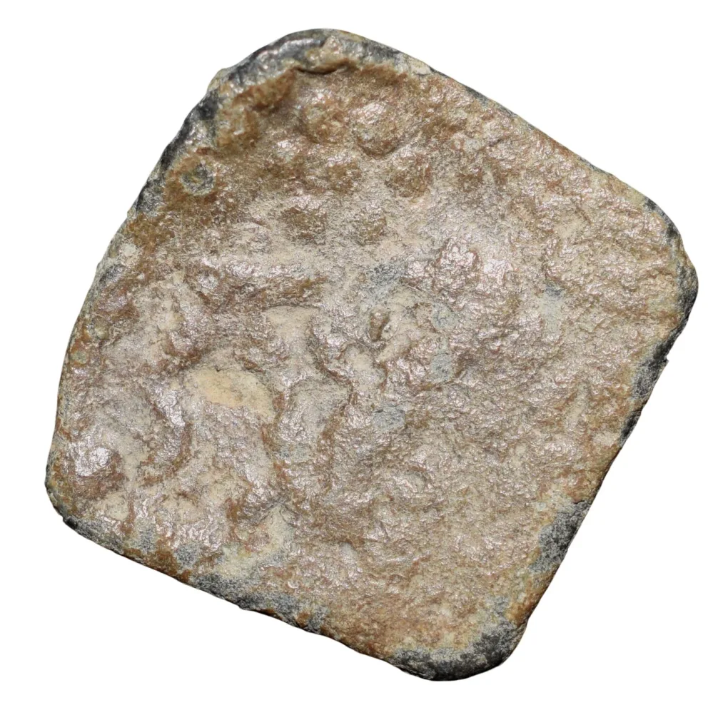 Lead Coin of Rudrasen III? of Western Kshatrapa(AD 348-78) Bull Facing right/3-Arched Hill & Sun