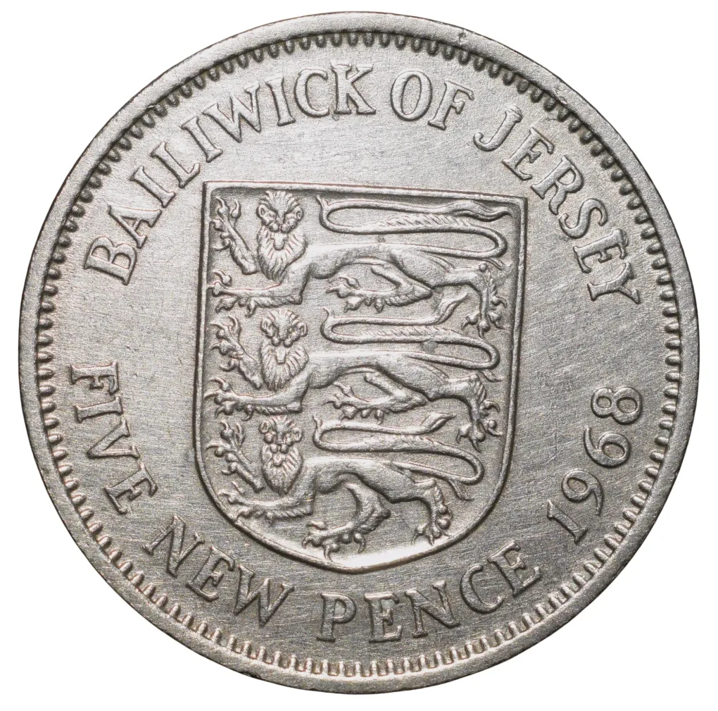Copper-Nickel 5 New Pence of British Crown Dependencies - Jersey (AD 1968) with Shield with 3-Lions Rare