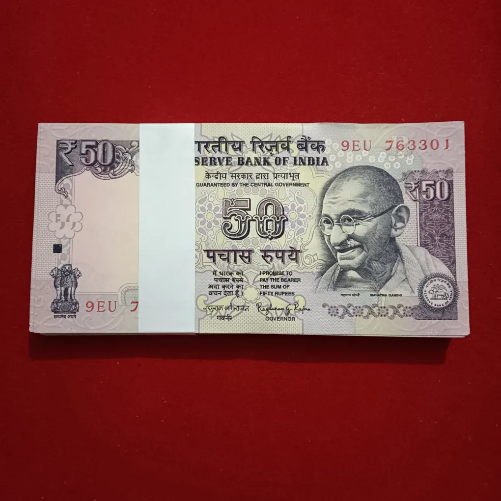 50 Rupees Rare Old Parliament Issue Full Bundle Governor Raghuram Rajan Year 2015 Gem Unc Condition Reserve Bank of India 763301
