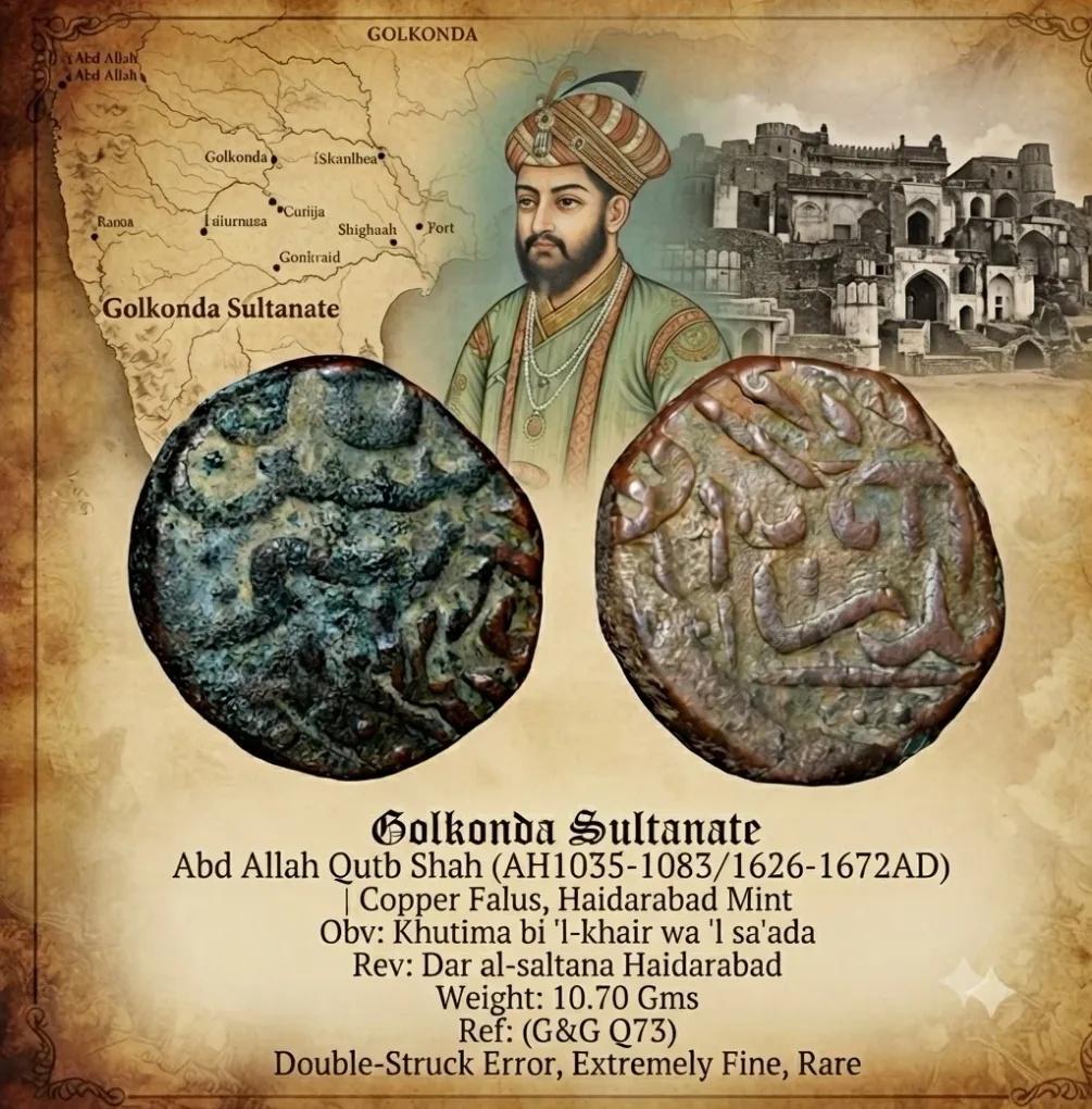 Copper Falus of Abd Allh Qutb Shah (AD 1626-1672) of Golkonda Sultanate Q73 Double-Struck Error Rare