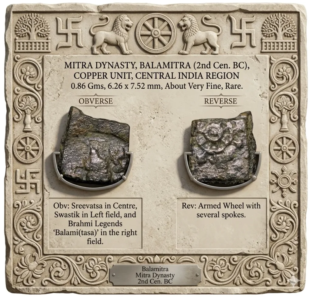Copper Coin of Bala Mitra (2nd Cen. BC) of Mitra Dynasty from Central india Swastik-Sreevatsa & Brahmi Legends/Armed Sheel V.Rare