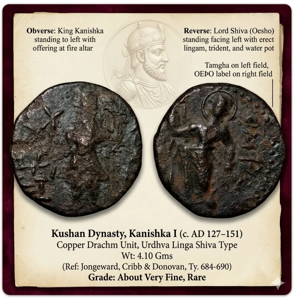 Copper Drachma of Kanishka I (AD 130-158) of Kushan Dynasty with Urdhva Linga Shiva Type