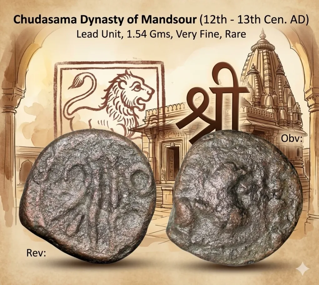 Lead Drachma of Chudasama Dynasty( c. 10th Cen. AD) with Lion Within Square/Nagari 'Shri'