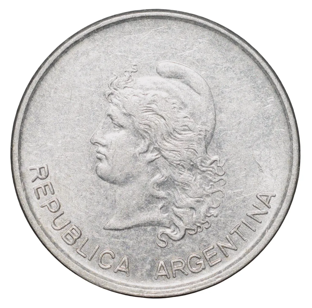 Aluminium 10 Centavos of Argentina (AD 1983) with Freedom head Oudine, wearing a Phrygian cap