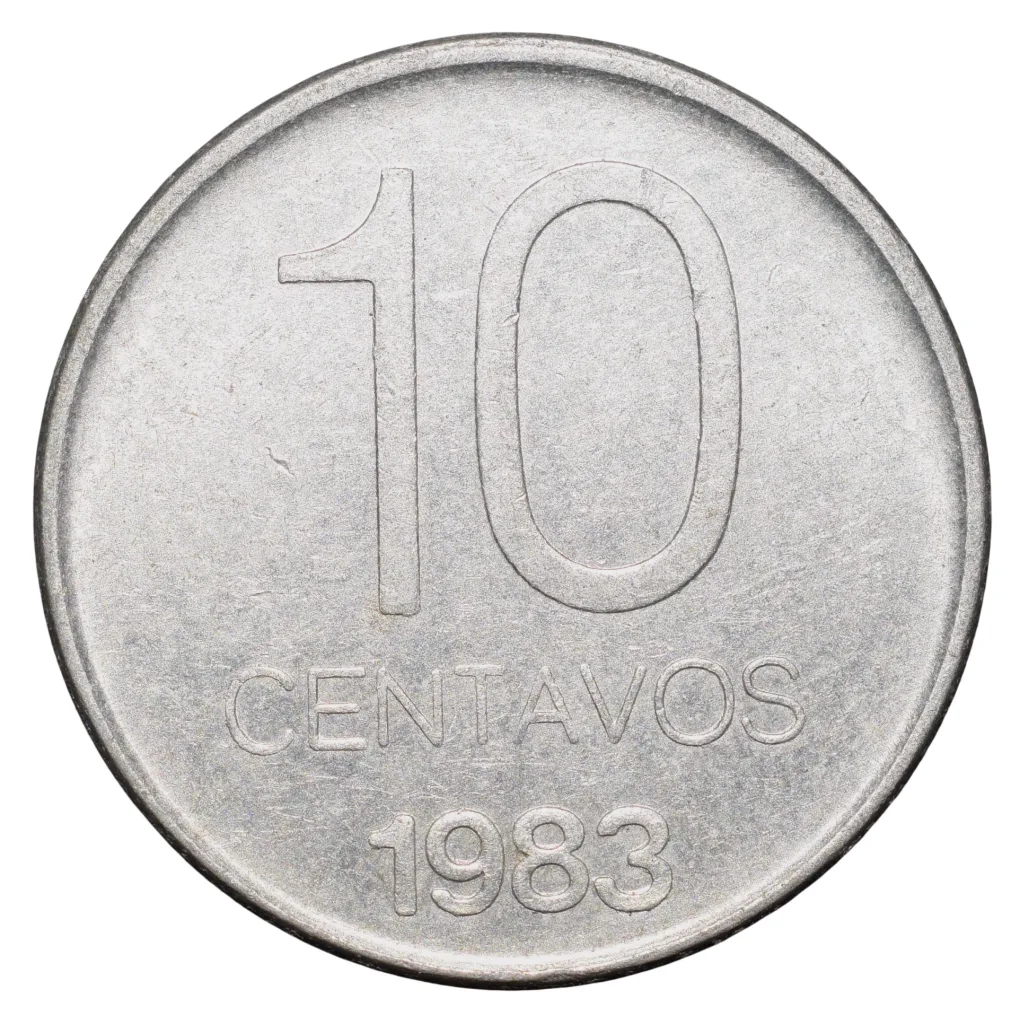 Aluminium 10 Centavos of Argentina (AD 1983) with Freedom head Oudine, wearing a Phrygian cap