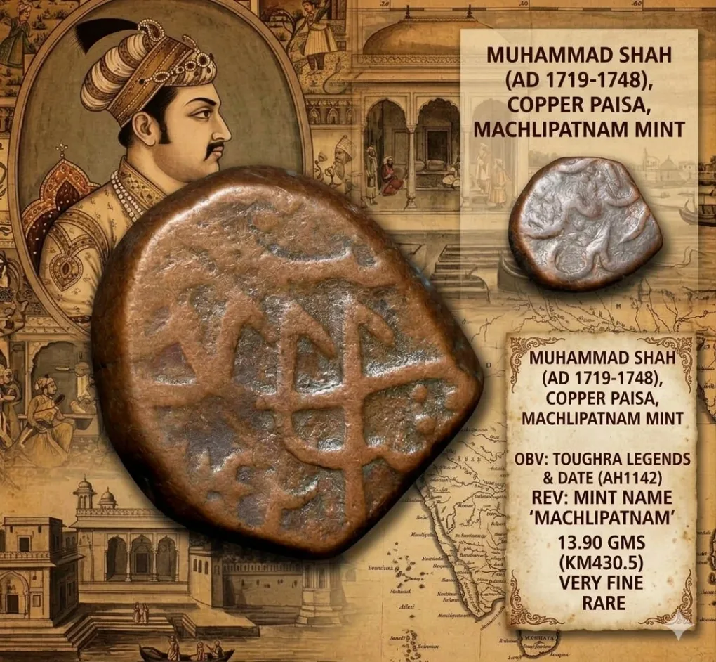 Copper Paisa of Muhmmad Shah (AD1719-1748) of Machlipatnam Mint KM430.5 Rare Dated AH1142