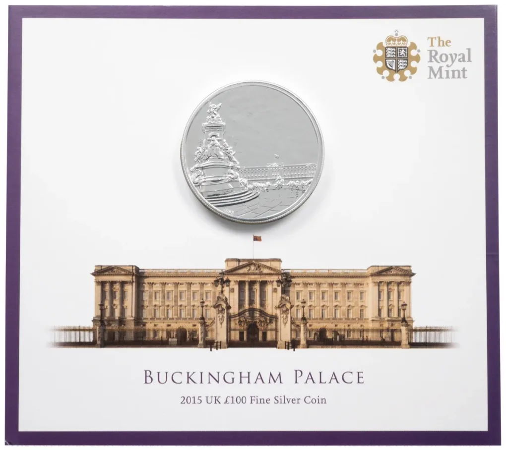 2015 Buckingham Palace One Hundred Pound Fine Silver Brilliant Uncirculated Coin In Beautiful Folder