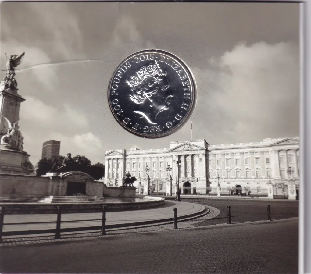 2015 Buckingham Palace One Hundred Pound Fine Silver Brilliant Uncirculated Coin In Beautiful Folder