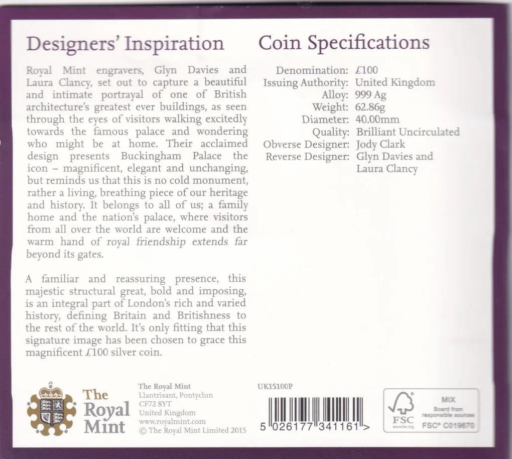2015 Buckingham Palace One Hundred Pound Fine Silver Brilliant Uncirculated Coin In Beautiful Folder