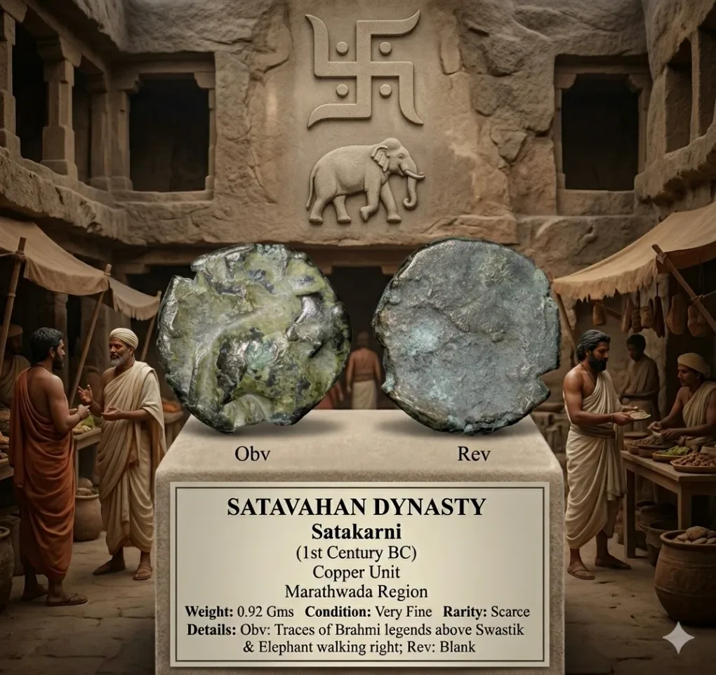 Copper Coin of Satakarni of Satavahan Dynasty (1st Cen.BC) with Swastik above Elephant walking right from Marathwada Region