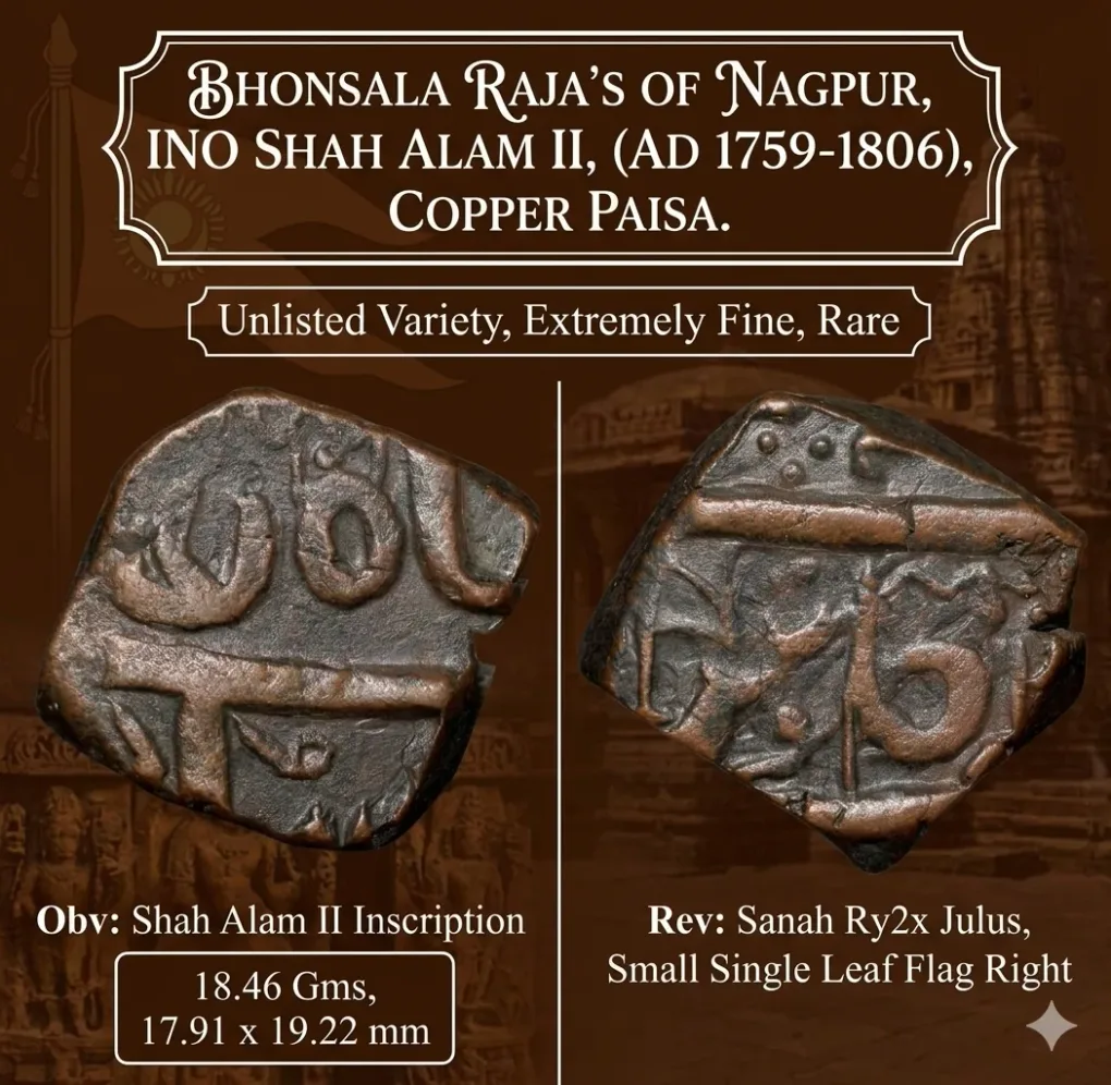 Copper Paisa of Bhonsala Raja's of Nagpur (AD 1759-1806) INO Shah Alam II with Small Single Banner Flag