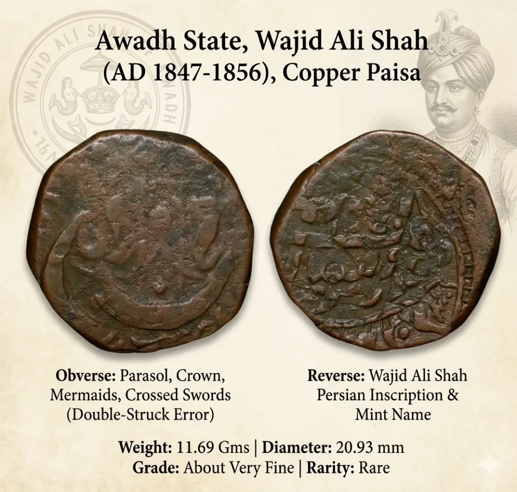 Copper Paisa of Wajid Ali Shah (AD1847-1856) of Awadh State Double-Struck Error Rare