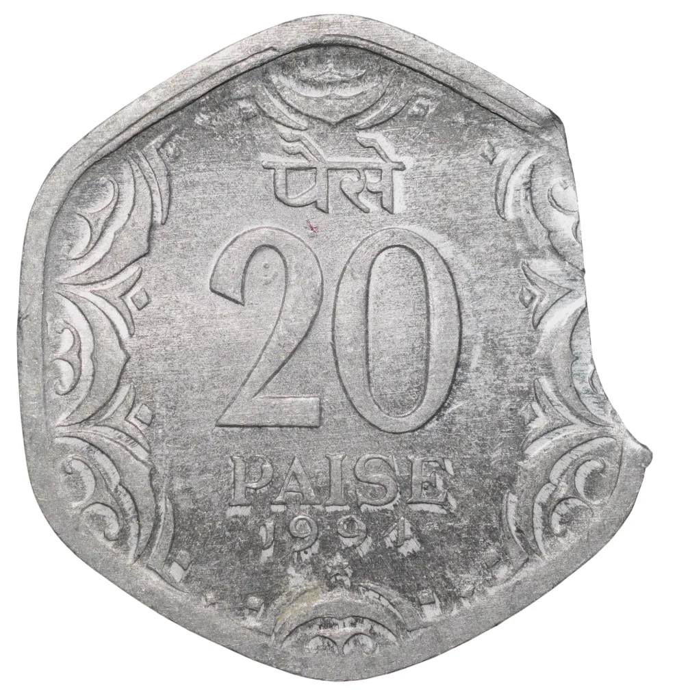 Aluminium 20 Paise of Republic India (AD 1994) of Hyderabad Mint Clipping Error Rare