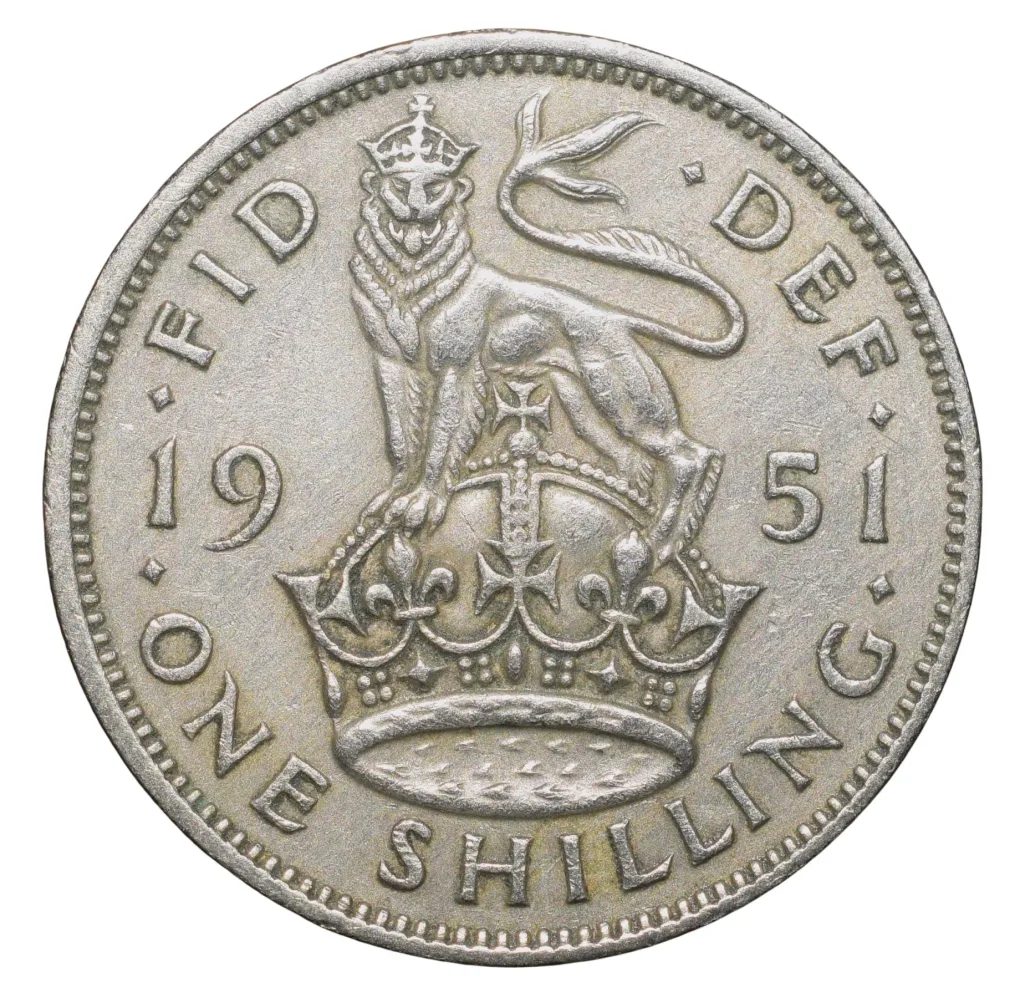 Copper-Nickel 1 Shilling of George VI (AD 1951) from Great Brittain Lion above Crown