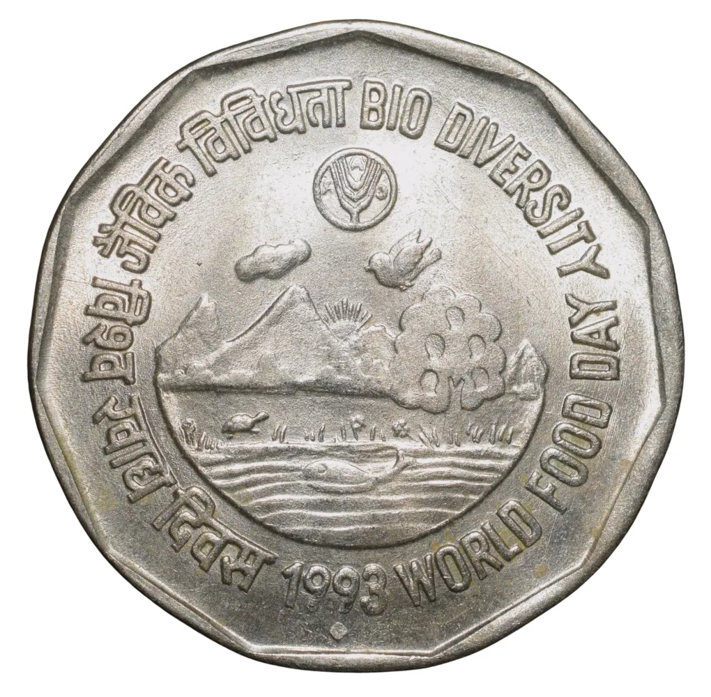 Copper-Nickel 2 Rupees of Republic India (AD 1993) World Food Day - Bio Diversity Bombay Mint About UNC Grade