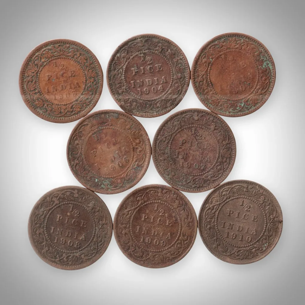Rare SET 1/2 Pice 1903 to 1910 Set of 8 Edward VII King Emperor British India Coin # A846