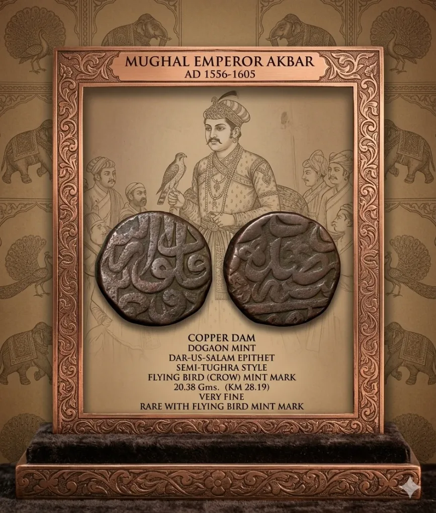 Copper Dam of Akbar (AD 1556-1605) of Dar-us-Salam Dogaon Mint with Flying Bird Mint Mark Rare