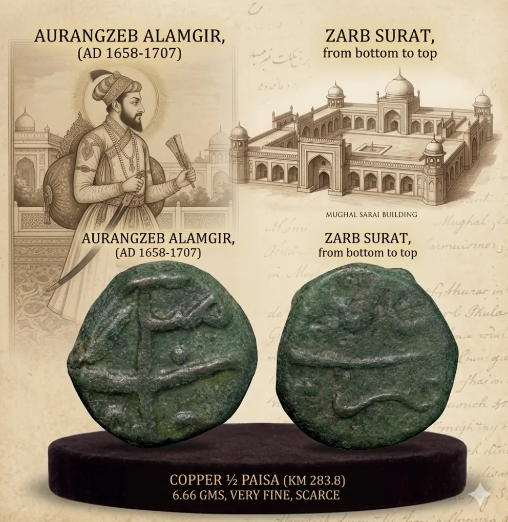 Copper 1/2 Paisa of Aurangzeb (AD 1658-1707) of Surat Mint Toughra Type KM283.8 Scarce