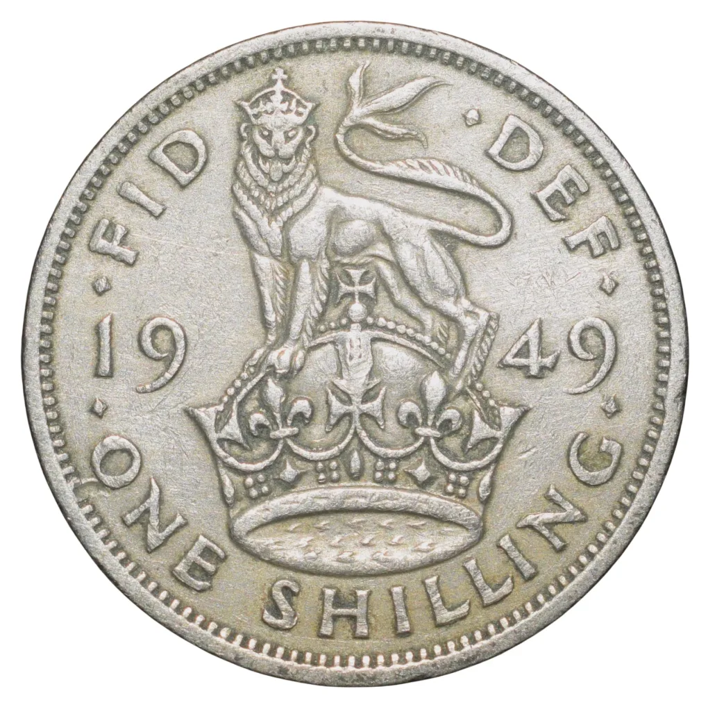 Copper-Nickel 1 Shilling of George VI (AD 1949) from Great Brittain Lion above Crown