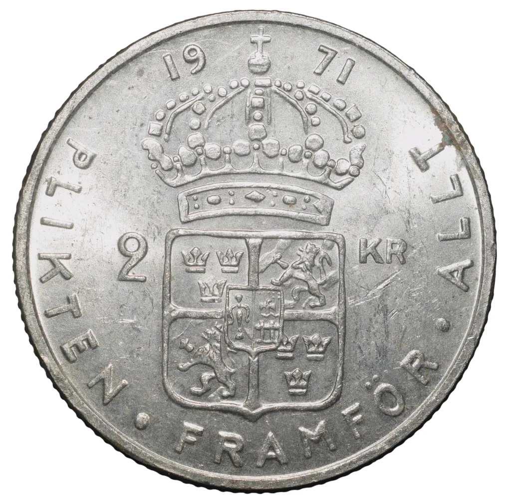 Copper-Nickel 2 Kroner of Gustaf VI Adolf (AD 1971) of Sweden Country Large Size
