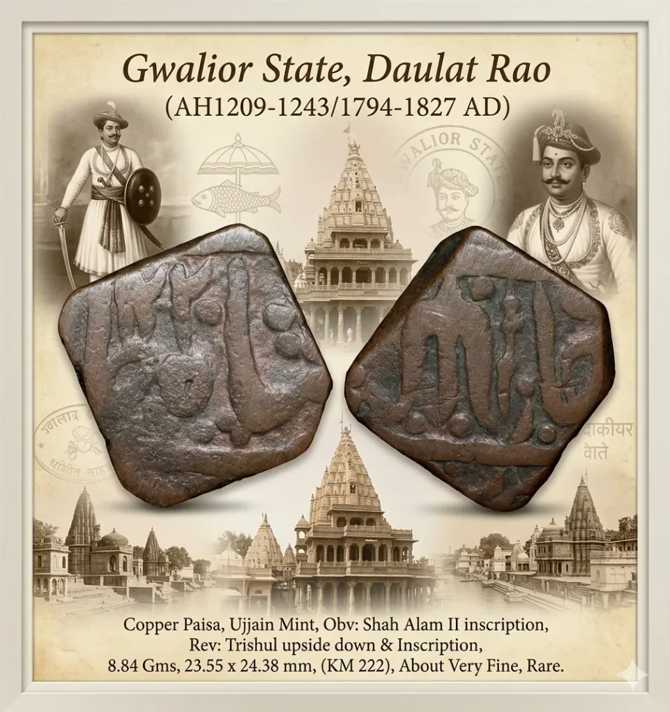 Copper Paisa of Daulat Rao(AD1794-1827) of Gwalior State of Ujjain Mint KM 222