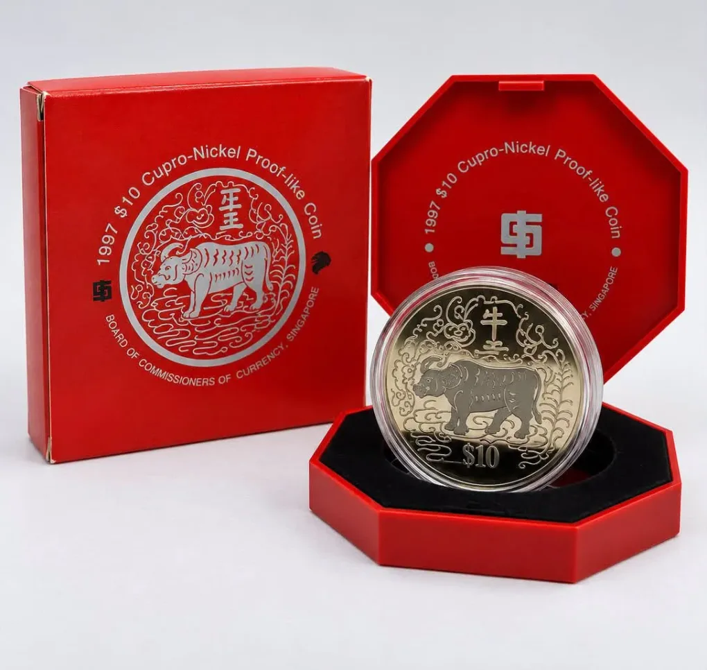 Singapore 10 Dollars Year of The OX Commemorative issue Rare The Singapore Mint Coin with beautiful box