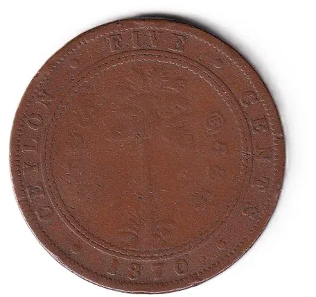 Sri Lanka (Ceylon) 5 Cents - Victoria 1870 Rare Coin