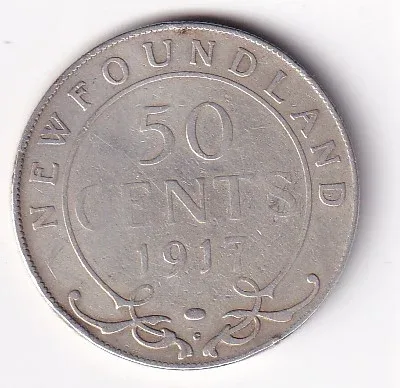 Newfoundland 50 Cents 1917 - George V ( Silver Weight 11.78 g ) Rare Coin