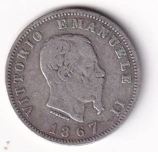Italy 1 Lira 1867 - Victor Emmanuel II Rare ( Silver 5 gram ) Coin