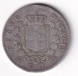 Italy 1 Lira 1867 - Victor Emmanuel II Rare ( Silver 5 gram ) Coin