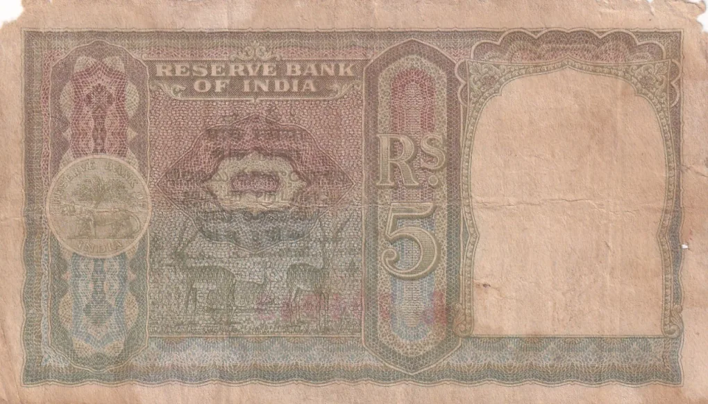 British India, Rupees 5 King George VI Banknote, Rare Red Serial Number , Sign. C. D. Deshmukh