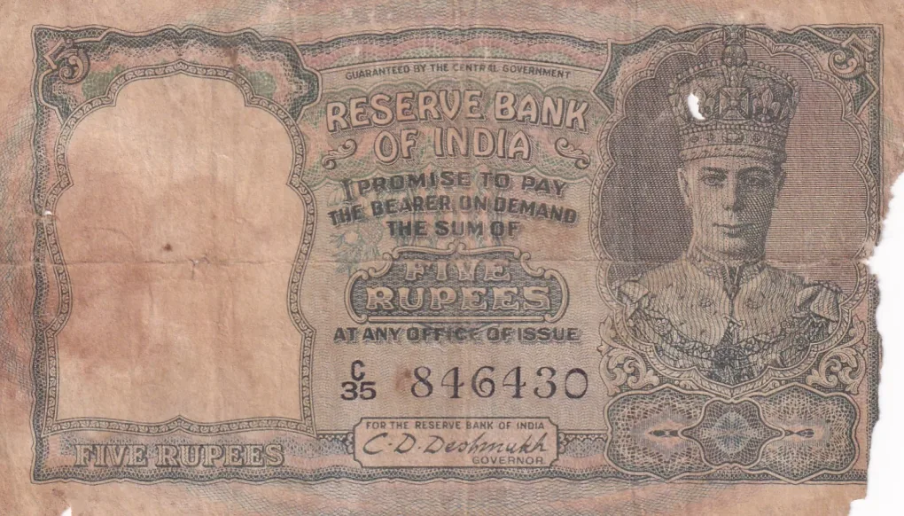 British India, Rupees 5 King George VI Banknote, Rare Note , Sign. C. D. Deshmukh