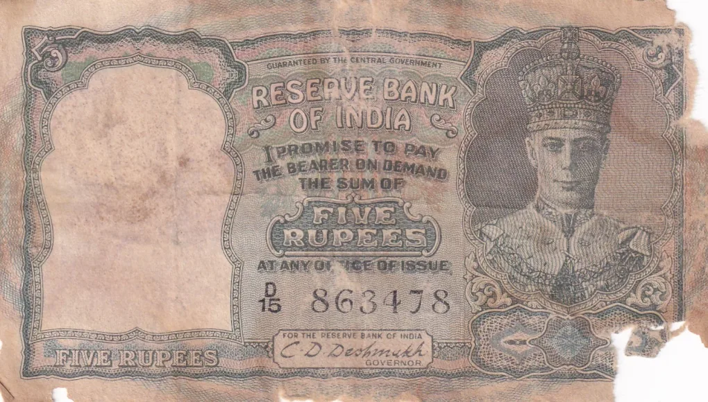 British India, Rupees 5 King George VI Banknote, Rare Note , Sign. C. D. Deshmukh