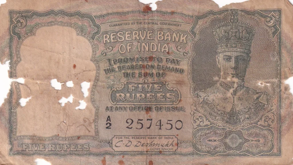 British India, Rupees 5 King George VI Banknote, Rare Note , Sign. C. D. Deshmukh