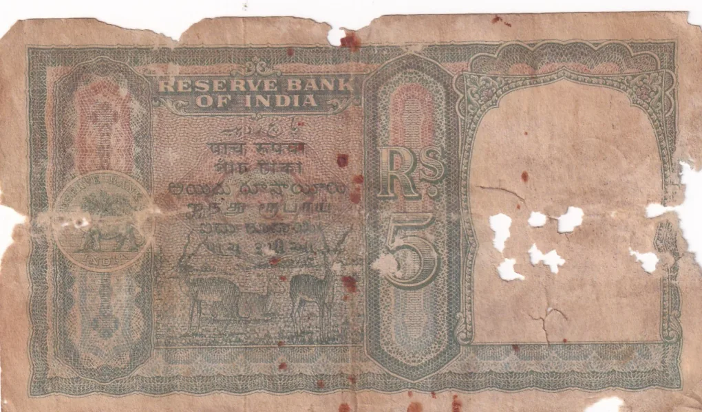 British India, Rupees 5 King George VI Banknote, Rare Note , Sign. C. D. Deshmukh