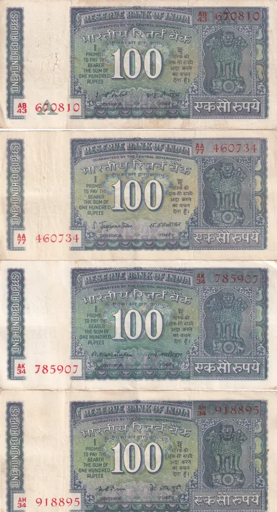 4 Different Governor Complete Set Old Issue 100 Rupees Rare (4 Note Set)
