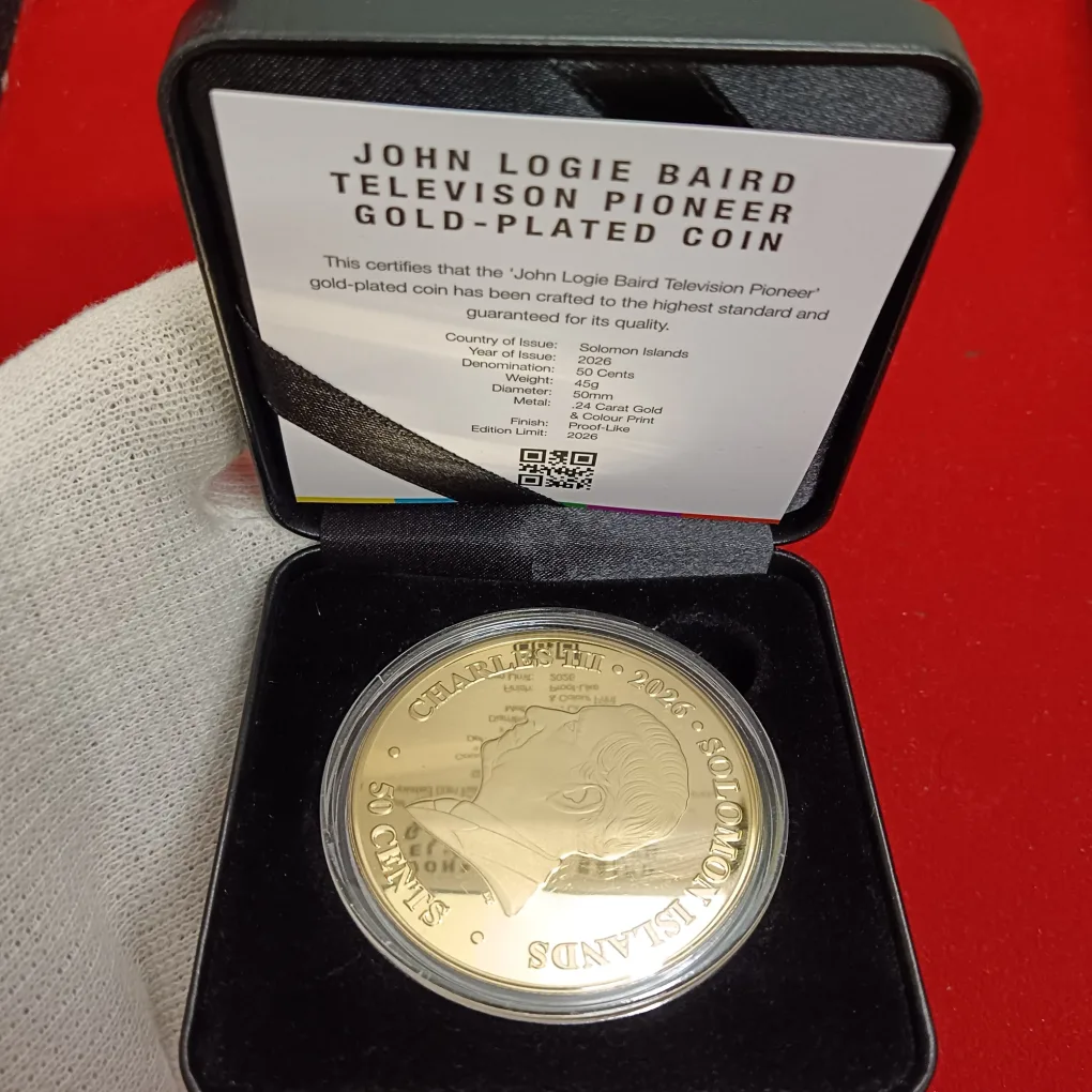 Ex Rare Charles III Solomon Islands 50 Cents John Logie Baird Super Size Gold Luxe Edition Proof Coin