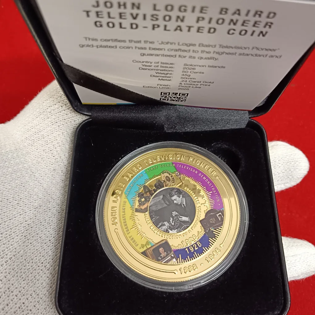 Ex Rare Charles III Solomon Islands 50 Cents John Logie Baird Super Size Gold Luxe Edition Proof Coin