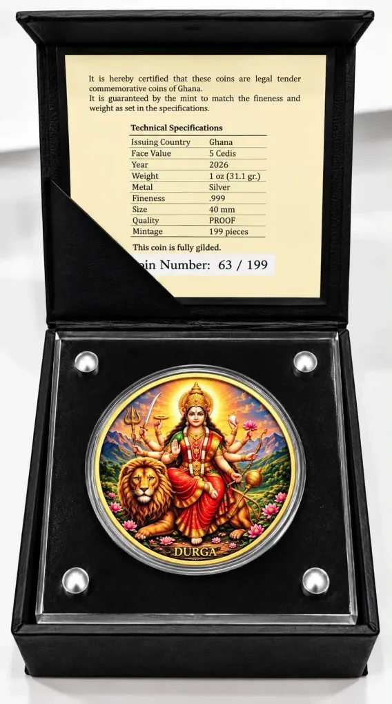 JAI MATA DI DURGA Republic of Ghana π¬π Five Cedis 1 oz 999 silver ( gold gilded ) Serialised