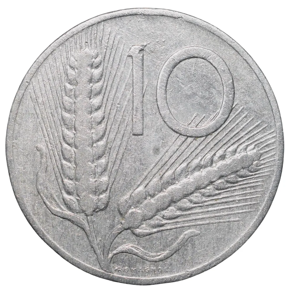 Old Aluminium 10 Lira of Italy Country (AD 1956) with Plough & 2 ears of Wheat