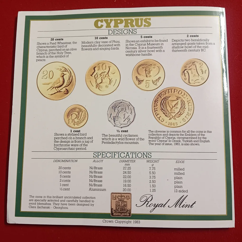 Rare Centeral Bank Of Cyprus Brilliant Uncirculated Coin Collection 1983 Year Cent Coinage Issued The Royal Mint