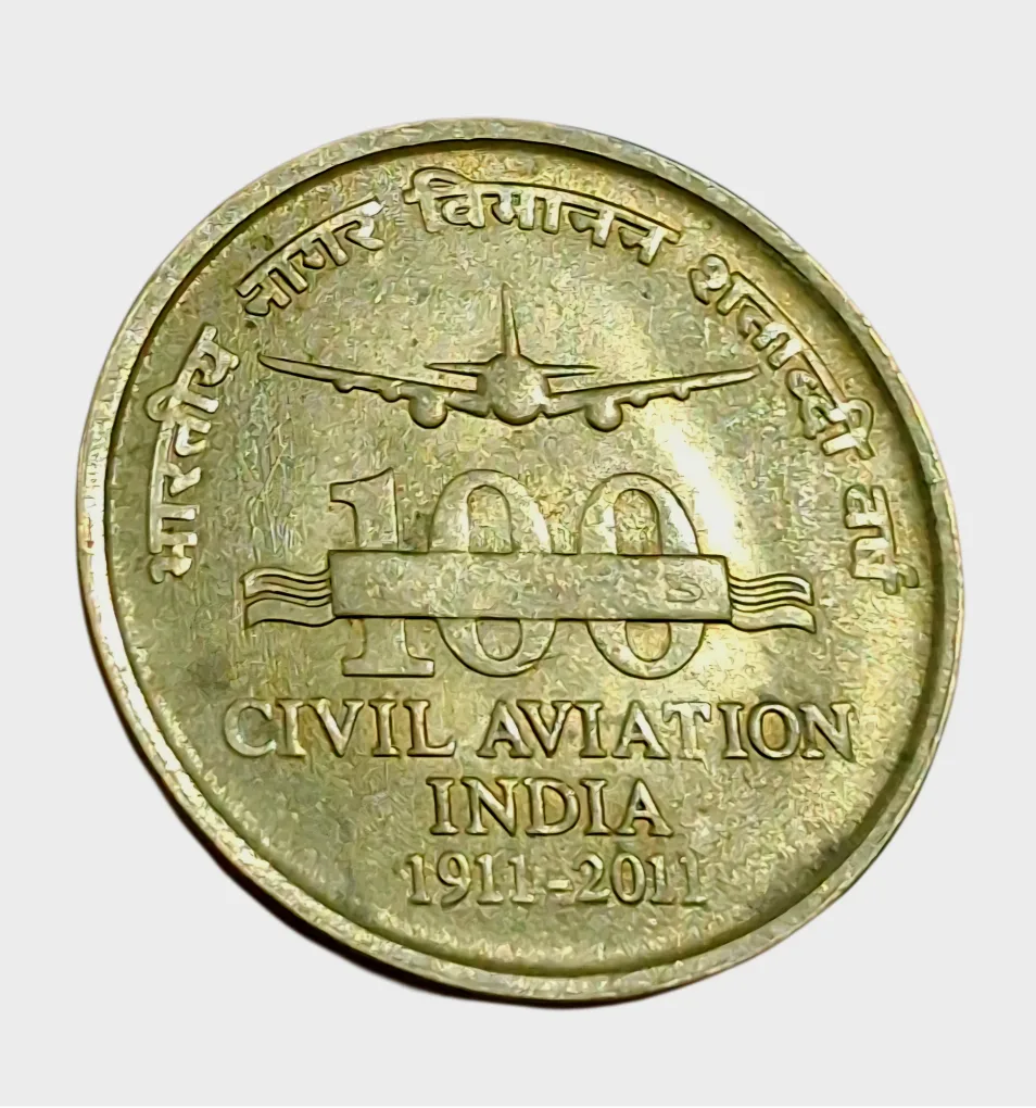 5 Rupees Ni/Brs COMMEMORATIVE Issue CIVIL AVIATION Year 2011 LION VARIETY [BIG LION & SMALL LION] SET 2 Coins are in High Collectable AUNC Grades.