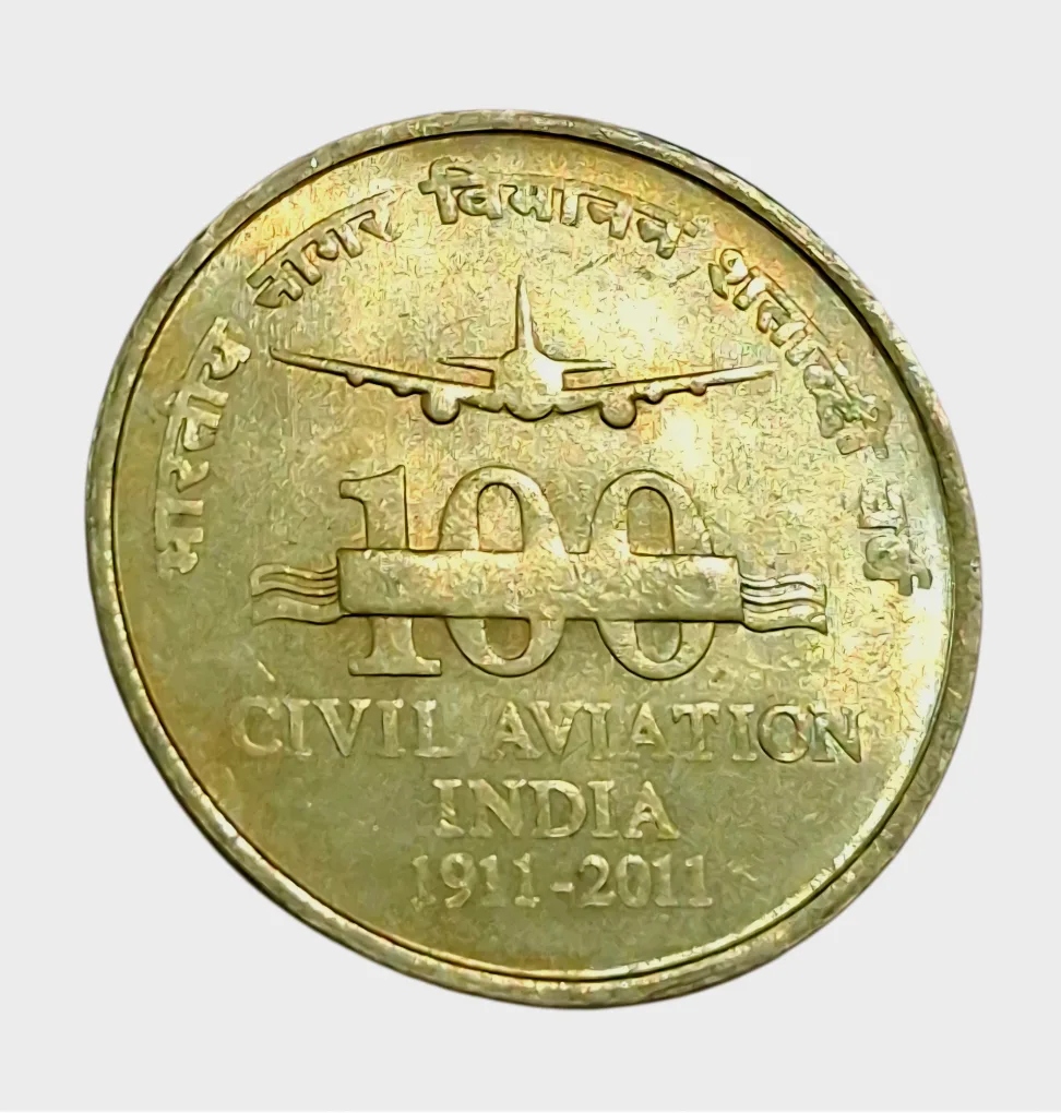 5 Rupees Ni/Brs COMMEMORATIVE Issue CIVIL AVIATION Year 2011 LION VARIETY [BIG LION & SMALL LION] SET 2 Coins are in High Collectable AUNC Grades.