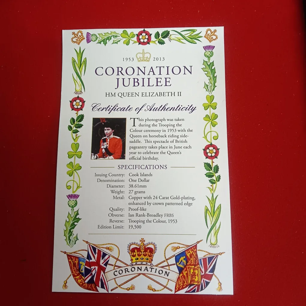 Rare Cook Islands One Dollar Proof Coin Coronation Jubilee HM Queen Elizabeth II Year 2013